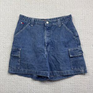 VTG 90s Tommy Hilfiger Cargo Shorts Wom 12 Blue Denim Carpenter Jean Canada Made